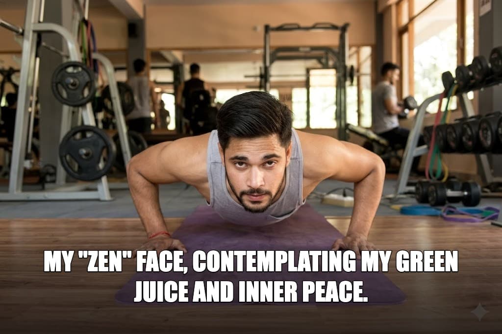 Meme: "My \"zen\" face, contemplating my green juice and inner peace."